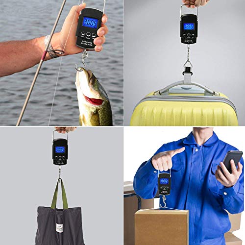 Básculas de equipaje Buluri escala de pesca de viaje portátil 110Ib / 50 kg pantalla LCD Báscula de gancho para colgar electrónica digital con 1M regla de cinta de medición