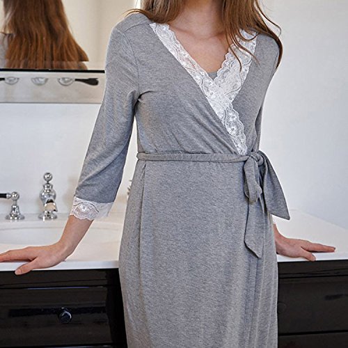 Batas Mujer Premama Camison Elegantes V Cuello Manga 3/4 Encaje Niñas Ropa Splicing Embarazo Albornoz Pijama De Dormir con Cinturón (Color : Gris, Size : XXL)