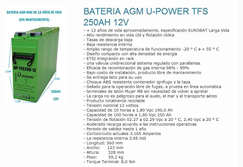 Batería Solar AGM 12V 250Ah para Fotovoltaica | U-Power UP-TFS250-12