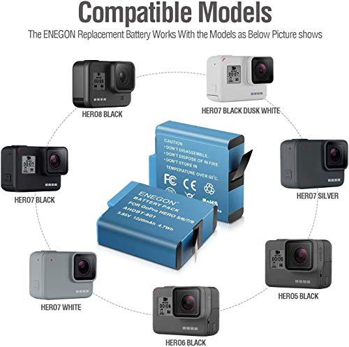 Baterías de Reemplazo ENEGON Hero 8/7/6/5 de 1220mAh (3 Puertos de Carga) y Cargador de Baterías LED para Hero 8 Black, Hero 7 Black Hero 6/5/Black/Hero (2018) Totalmente Compatible.