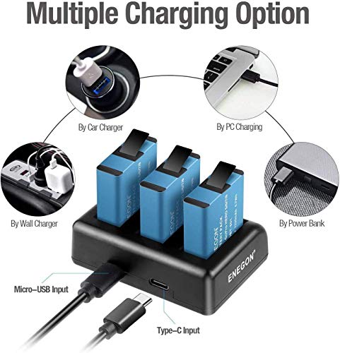 Baterías de Reemplazo ENEGON Hero 8/7/6/5 de 1220mAh (3 Puertos de Carga) y Cargador de Baterías LED para Hero 8 Black, Hero 7 Black Hero 6/5/Black/Hero (2018) Totalmente Compatible.