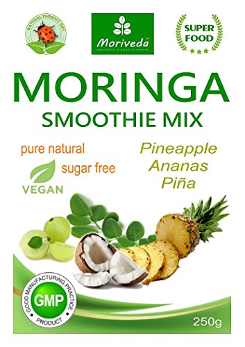 Batido de polvo de moringa, potenciador de energía, batido de vitaminas, batido de proteínas, reemplazo de comidas – diferentes sabores - 100% natural y vegano, sin azúcar* (250 g sabor a piña)