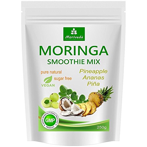 Batido de polvo de moringa, potenciador de energía, batido de vitaminas, batido de proteínas, reemplazo de comidas – diferentes sabores - 100% natural y vegano, sin azúcar* (250 g sabor a piña)