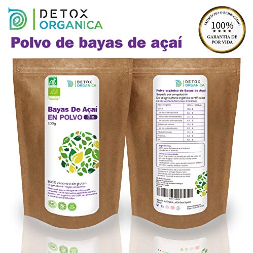 Bayas De Acai En Polvo Orgánico 100 g – Bayas Acai Congelado BIO (Freeze – Dried/Liofilizadas) – Acai Berry Extracto Crudo De La Pulpa – Acai Organico Cultivado en Brasil De Detox Organica