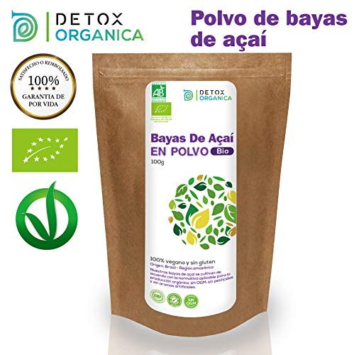 Bayas De Acai En Polvo Orgánico 100 g – Bayas Acai Congelado BIO (Freeze – Dried/Liofilizadas) – Acai Berry Extracto Crudo De La Pulpa – Acai Organico Cultivado en Brasil De Detox Organica