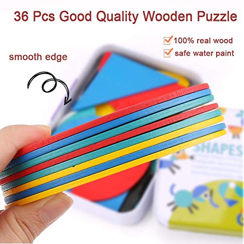 BBLIKE Tangram Madera, 36 Montessori Puzzle de Madera + 60 PCS Diseño Tarjetas de Apilamiento Juegos y Juguetes Educativos Clasificación de la Infancia