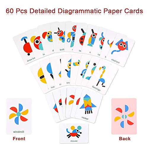 BBLIKE Tangram Madera, 36 Montessori Puzzle de Madera + 60 PCS Diseño Tarjetas de Apilamiento Juegos y Juguetes Educativos Clasificación de la Infancia