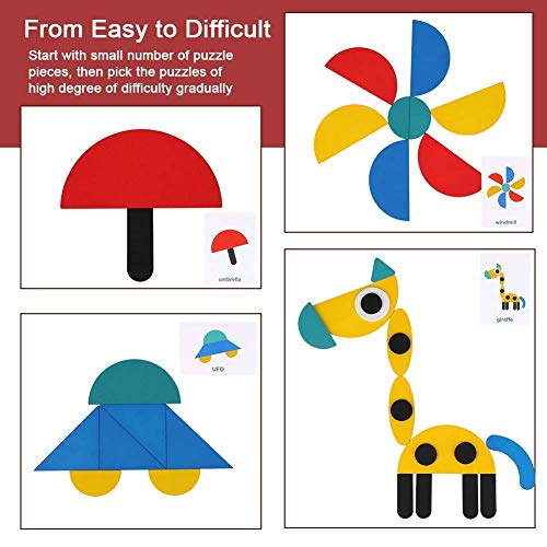 BBLIKE Tangram Madera, 36 Montessori Puzzle de Madera + 60 PCS Diseño Tarjetas de Apilamiento Juegos y Juguetes Educativos Clasificación de la Infancia