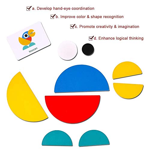 BBLIKE Tangram Madera, 36 Montessori Puzzle de Madera + 60 PCS Diseño Tarjetas de Apilamiento Juegos y Juguetes Educativos Clasificación de la Infancia