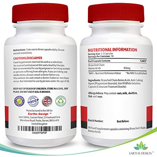 BCAA 2:1:1 - Aminoácidos de Cadena Ramificada - 450mg - Con Los Aminoácidos Esenciales Leucina, Isoleucina, Valina - 90 Cápsulas (Suministro Para 3 Meses) de Earths Design