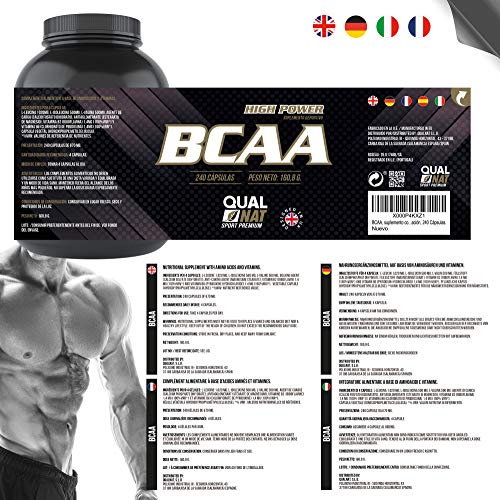 BCAA con Vitaminas B2 B6 | Aumenta Masa Muscular y Quema Grasas | Suplemento Deportivo 100% Natural | 240 Cápsulas- Qualnat