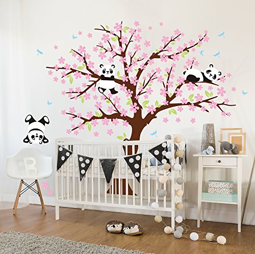 Bdecoll Decorativo para Pared Vinilos Arbol Decoraciones Del Arte con flores de rosa-2.2*1.8m Decoración habitación bebé/niños (Marron)