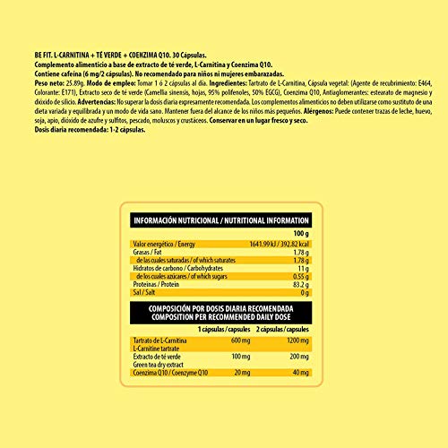 Be Essential - Be Fit -Quemagrasas vegano: L-carnitina,Te matcha,Q10, 30cápsulas