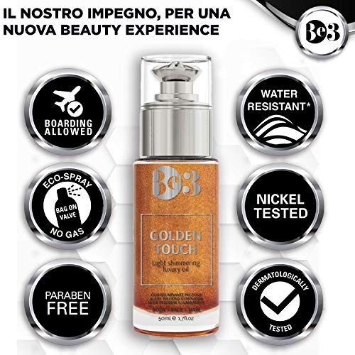 BE3 Shimmering Oil | Golden Touch Aceite Corporal Iluminador | Aceite Brillante, Hidratante, Brillo bronceador para rostro y cuerpo | Body bio- oil 100ml