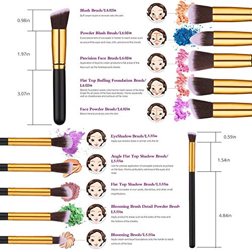 BEAKEY Set de pinceles de maquillaje Kabuki Foundation Foundation Face Powder Blush Pinceles sombra de ojos Kit de pinceles de maquillaje con esponja licuadora y pincel de huevo (10 + 2 piezas, ORO)