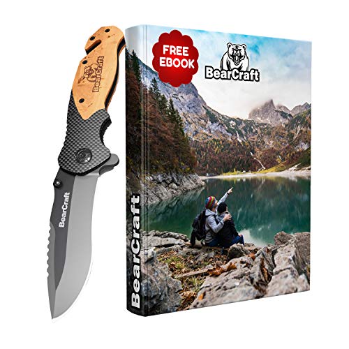 BearCraft Cuchillo Plegable en diseño de Carbono con ** eBook Gratis ** | Cuchillo de Bolsillo de Supervivencia | Cuchillo de Rescate de una Mano con Cortador de Vidrio y Cortador de cinturón