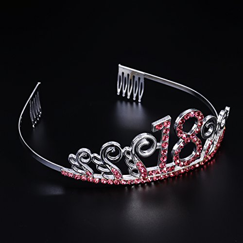 Beaupretty Tiara Cristal Cumpleaños 18 Años Corona Princesa Feliz Cumpleaños de Número 18 Años Diadema con Peines Regalos de Cumpleaños para Mujer Fiesta de Aniversario Bodas (rojo plata)