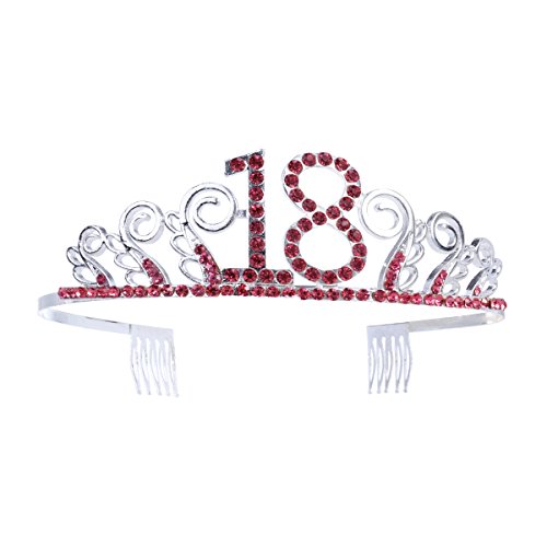 Beaupretty Tiara Cristal Cumpleaños 18 Años Corona Princesa Feliz Cumpleaños de Número 18 Años Diadema con Peines Regalos de Cumpleaños para Mujer Fiesta de Aniversario Bodas (rojo plata)