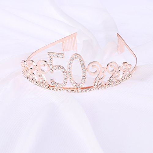 Beaupretty Tiara Cristal Cumpleaños 50 Años Corona Princesa Feliz Cumpleaños de Número 50 Años Diadema con Peines Regalos de Cumpleaños para Mujer Fiesta de Aniversario Bodas Oro