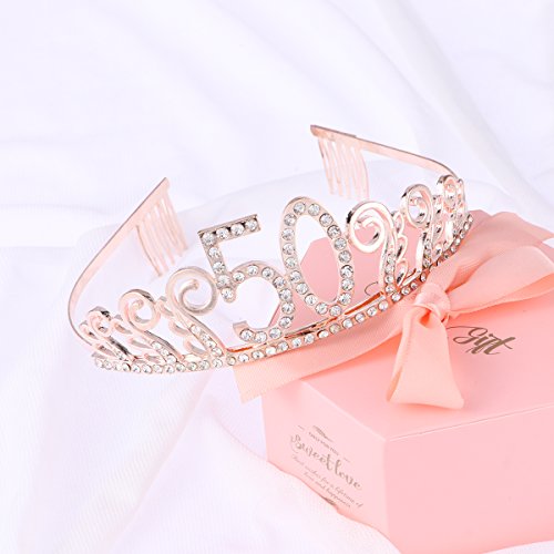 Beaupretty Tiara Cristal Cumpleaños 50 Años Corona Princesa Feliz Cumpleaños de Número 50 Años Diadema con Peines Regalos de Cumpleaños para Mujer Fiesta de Aniversario Bodas Oro