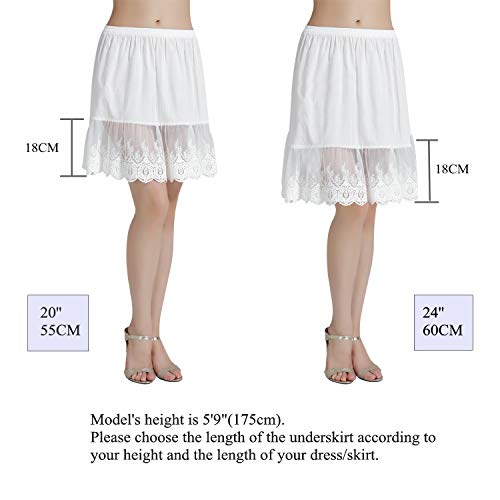 BEAUTELICATE Mujer Enaguas de Algodón Corta Antiestática Combinación para Vestido Antideslizante Plain Falda Marfil Negro con Encaje Dobladillo 55CM 60CM