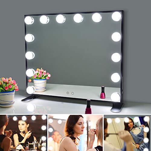BEAUTME Espejo De Maquillaje Hollywood, Profesional Espejo de Tocador con Luz LED Táctil Inteligente Espejo Cosmético con 14 Piezas Bombillas Brillo de 2 Modos De Color(Negra)
