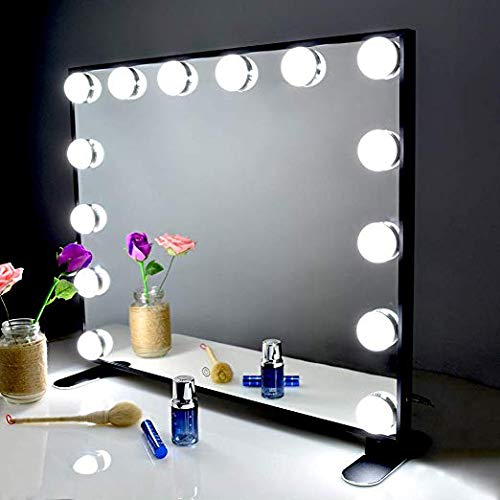 BEAUTME Espejo De Maquillaje Hollywood, Profesional Espejo de Tocador con Luz LED Táctil Inteligente Espejo Cosmético con 14 Piezas Bombillas Brillo de 2 Modos De Color(Negra)