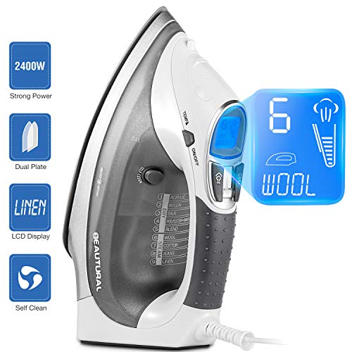 Beautural Plancha de Vapor, 2400W, Vapor 340ml con Pantalla LCD, Sistema antigoteo y función de autolimpieza-Blanco y Gris