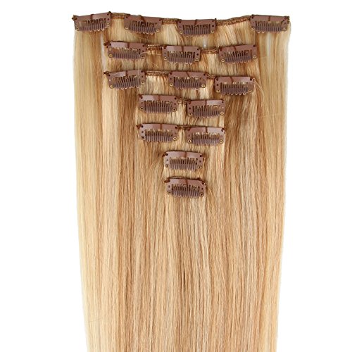 Beauty7 Extensiones de Cabello Natural Clip 8 Unidades 120g 100% Remy Lacio Straight de Pelo Natural Pelucas Cabello Humano de Color 27# y 613# Marrón de 20" 51cm larga