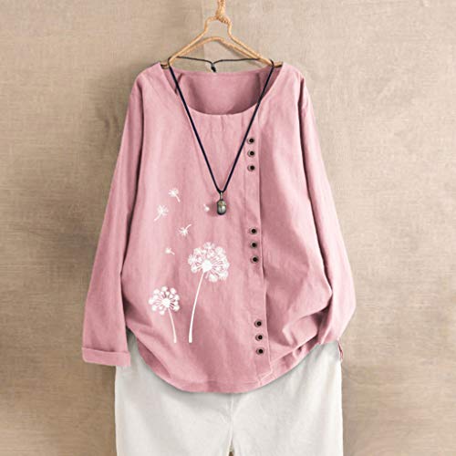 beautyjourney Blusas Manga Larga Mujer Talla Grande Camiseta Lisa de algodón y Lino con Estampado de Diente de león Camisas Sueltas Casuales