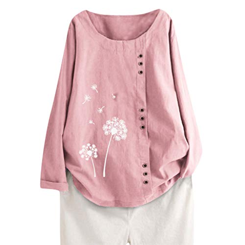beautyjourney Blusas Manga Larga Mujer Talla Grande Camiseta Lisa de algodón y Lino con Estampado de Diente de león Camisas Sueltas Casuales
