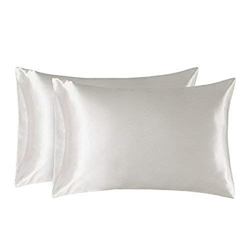 Bedsure Funda Almohada 50x75cm Satén Blanco Marfil - Juego de 2 Fundas Almohadas 75x50 Pelo Rizado, Muy Liso Suave de 100% Microfibra, Antiarrugas sin Cremallera, 2 Piezas