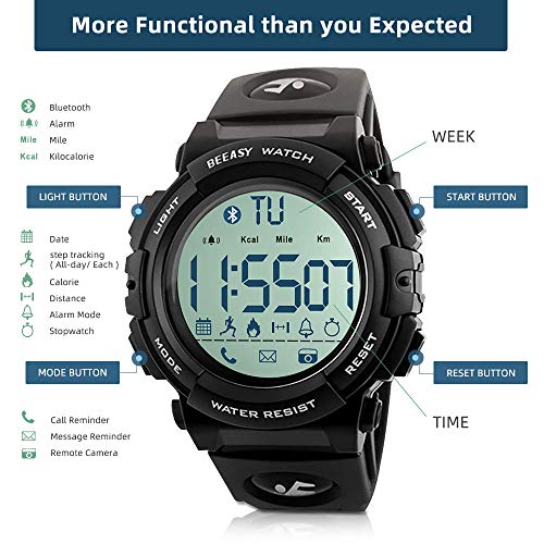 Beeasy Reloj Deportivo Hombre,Relojes Digital Impermeable Watches LCD con Esfera Grande Inteligente Fitness Tracker Contador Calorías Podómetro Cámara Remota App Notificación de Llamadas SMS,Negro
