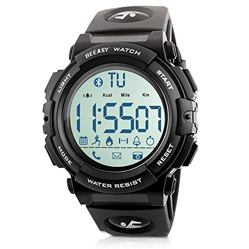 Beeasy Reloj Deportivo Hombre,Relojes Digital Impermeable Watches LCD con Esfera Grande Inteligente Fitness Tracker Contador Calorías Podómetro Cámara Remota App Notificación de Llamadas SMS,Negro
