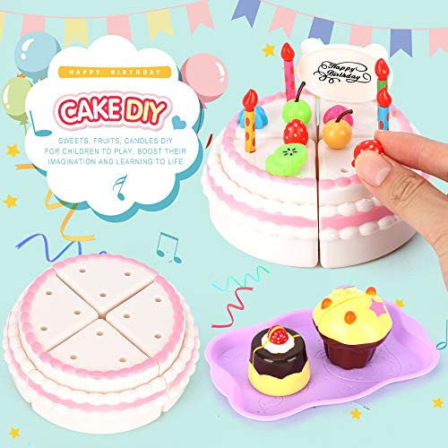 BeebeeRun 83 Piezas DIY Cortar Juguetes de Pastel de cumpleaños,Juguetes de Juego de té de Fiesta,Juguetes educativos de Cocina Regalo de cumpleaños para niños de 3 a 4 5 años