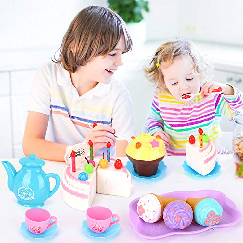 BeebeeRun 83 Piezas DIY Cortar Juguetes de Pastel de cumpleaños,Juguetes de Juego de té de Fiesta,Juguetes educativos de Cocina Regalo de cumpleaños para niños de 3 a 4 5 años