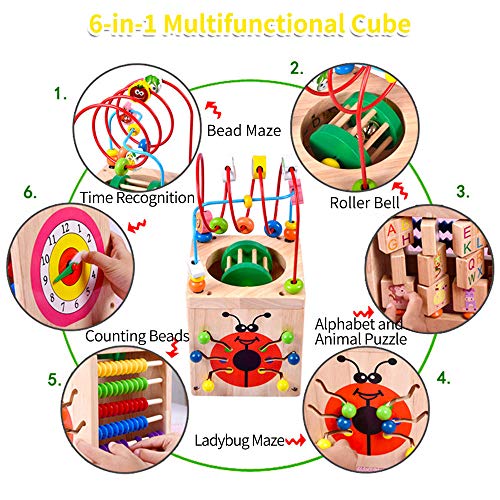 BeebeeRun Actividad de Madera Cubo 6 en 1 Juguete de Madera Educativo para niños pequeños y Juguetes (Wooden)