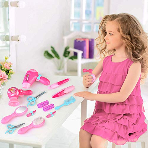 BeebeeRun Juguetes de Belleza Niñas, Juegos de Imitación Chicas, Juegos de Peluquería con Bolsa de cosméticos y Accesorios Secador de Pelo RizadorJuguetes Regalo de Moda para Niños 3 años+