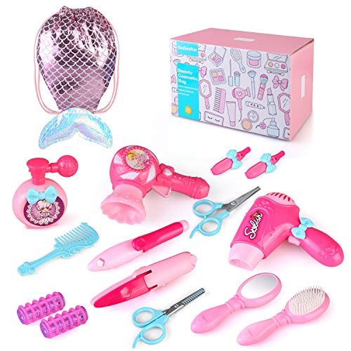 BeebeeRun Juguetes de Belleza Niñas, Juegos de Imitación Chicas, Juegos de Peluquería con Bolsa de cosméticos y Accesorios Secador de Pelo RizadorJuguetes Regalo de Moda para Niños 3 años+