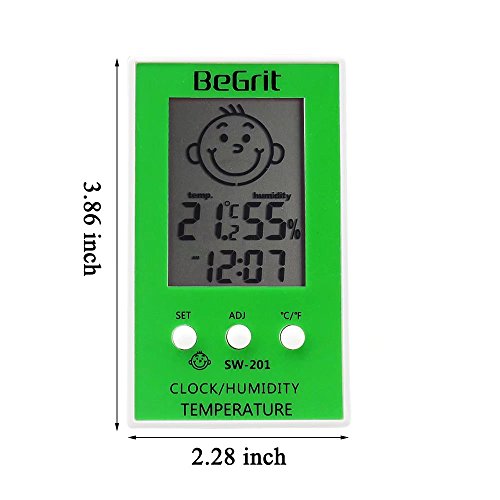 BeGrit sala higrómetro termómetro para habitación del bebé Temperatura Humedad Monitor de humedad, Digital fácil lectura instantánea con sonrisa/icono de emoción triste verde