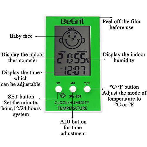 BeGrit sala higrómetro termómetro para habitación del bebé Temperatura Humedad Monitor de humedad, Digital fácil lectura instantánea con sonrisa/icono de emoción triste verde