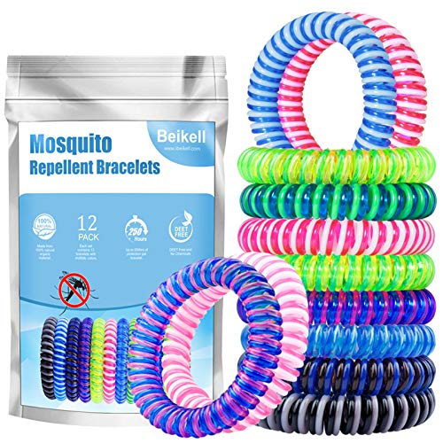 Beikell Pulseras Repelentes de Mosquitos 12 Piezas, Pulsera Mosquitos Natural sin DEET con Aceites Esenciales a Citronela y Menta de Protección contra Insectos a Largo Plazo para Niños y Adultos