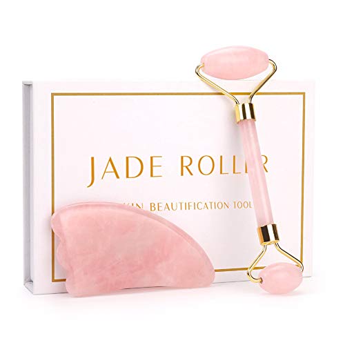 Beito 1Set 2 en 1 Conjunto de masajeador de rodillos de jade Rodillo de cuarzo rosa y herramienta de raspado Gua Sha Rodillo facial Anti envejecimiento Rodillo de masaje Varita de masaje