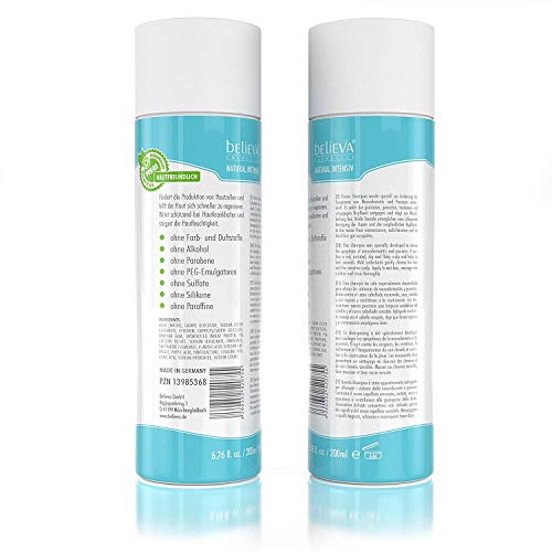 Believa Natural - Champú 100% vegano para aliviar la neurodermatitis y la psoriasis - Efectivo contra la sequedad y el picor del cuero cabelludo - 200ml