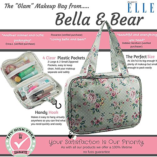 Bella & Bear «Glam» - Estuche para artículos de maquillaje, con 4 compartimentos con cremallera y asa Gran idea de regalo de Navidad para ella.