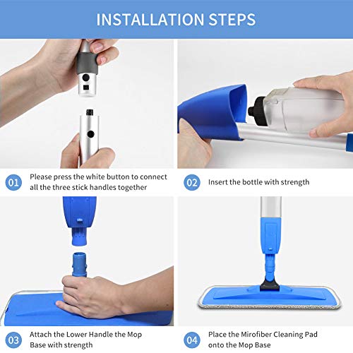 Bellababy Fregona con Vaporizador, Mopa Fregona con 4 La Almohadilla de Microfibra y 1 Rasqueta de Ducha, Mopa Spray Rotación de 360°, Capacidad de 450 ml, Azul