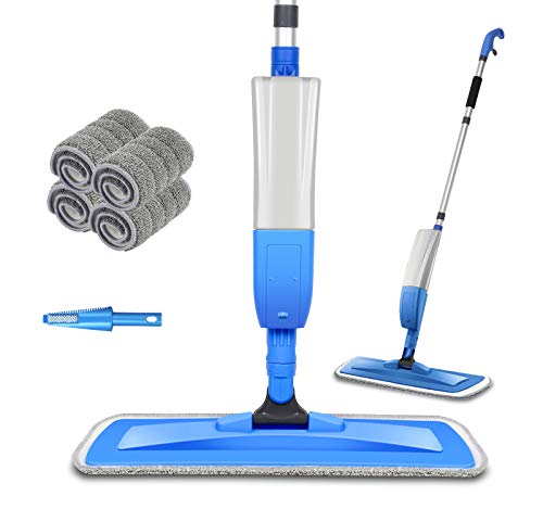 Bellababy Fregona con Vaporizador, Mopa Fregona con 4 La Almohadilla de Microfibra y 1 Rasqueta de Ducha, Mopa Spray Rotación de 360°, Capacidad de 450 ml, Azul