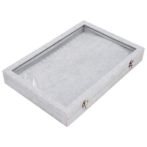 BELLE VOUS Caja para Collares - (35,4X24,4cm) Cajas de Joyas Terciopelo Gris con 20 Ganchos y Tapa Transparente - Organizador de Joyas para Collares, Brazaletes y Tobilleras