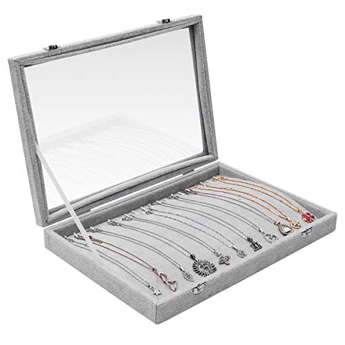 BELLE VOUS Caja para Collares - (35,4X24,4cm) Cajas de Joyas Terciopelo Gris con 20 Ganchos y Tapa Transparente - Organizador de Joyas para Collares, Brazaletes y Tobilleras