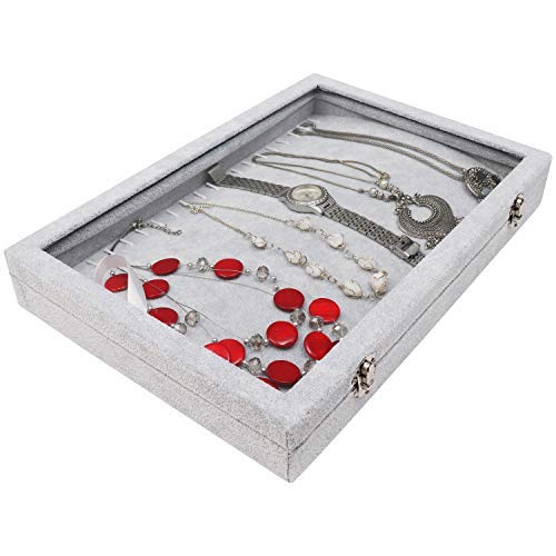 BELLE VOUS Caja para Collares - (35,4X24,4cm) Cajas de Joyas Terciopelo Gris con 20 Ganchos y Tapa Transparente - Organizador de Joyas para Collares, Brazaletes y Tobilleras